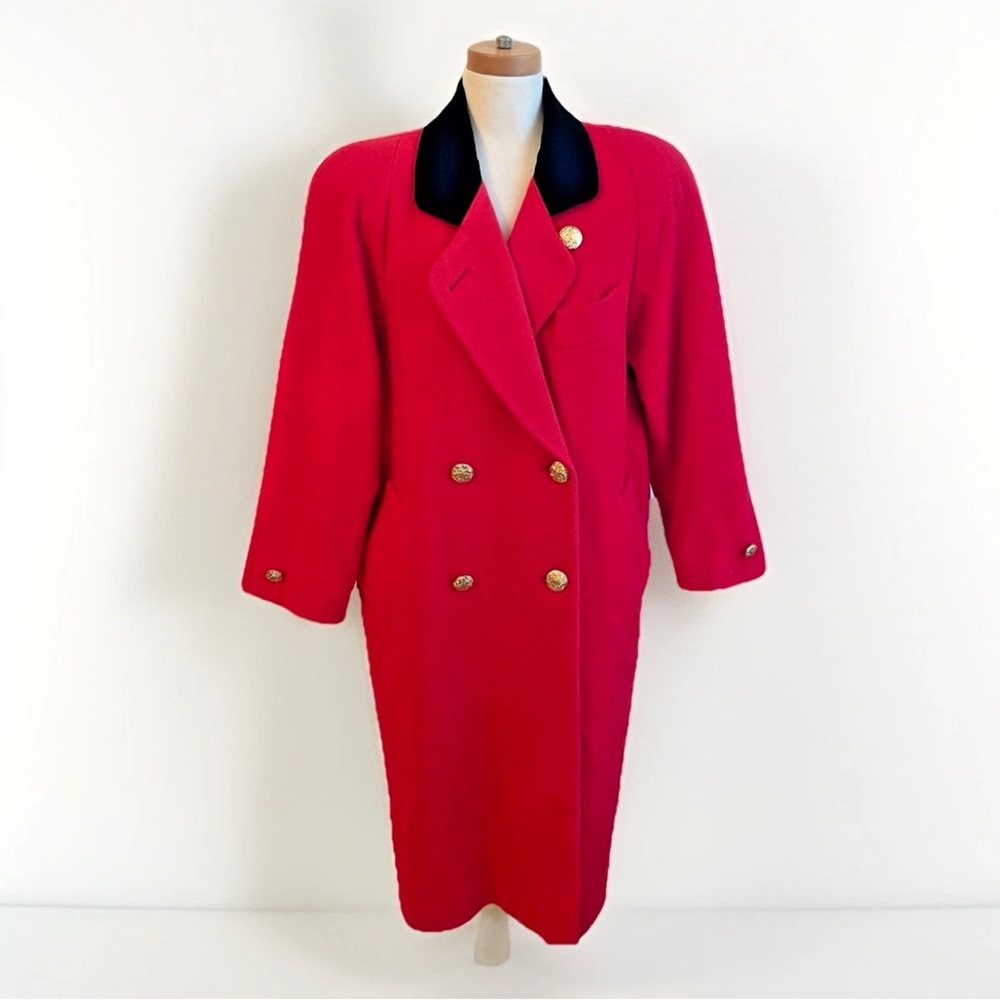 Vintage 80s London Fog Red Wool Long Coat Black Velvet Collar Gold Button 10 P
